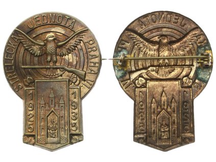 ČSR, AE odznak Jednota čs. střelců Praha VI, 1938, zavírací jehla