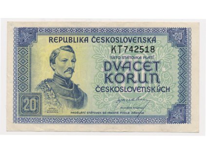 ČSR, 20 Kčs, bez data (1945), série KT, neperforovaná, slušný oběhový stav