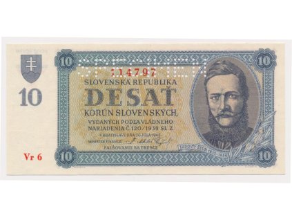 Slovenský štát, 10 Ks, 1943, série Vr 6 (jednočíselná !), perforovaná, luxusní sběratelská jakost UNC