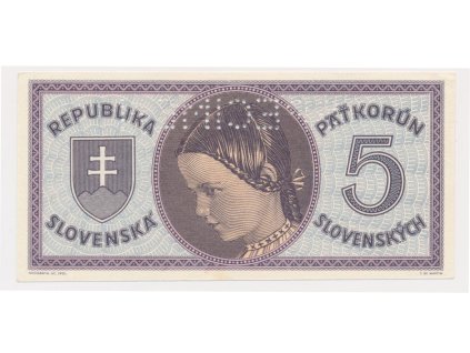 Slovenský štát, 5 Ks, bez data (1945), série D 026, perforovaná - varianta perforace z rubu (s3), luxusní sběratelská jakost UNC