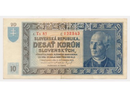 Slovenský štát, 10 Ks, 1939, série Ts, perforovaná, slušný stav 2-