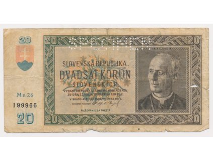 Slovenský štát, 20 Ks, 1939, série Mn 26, perforovaná, oběhový stav