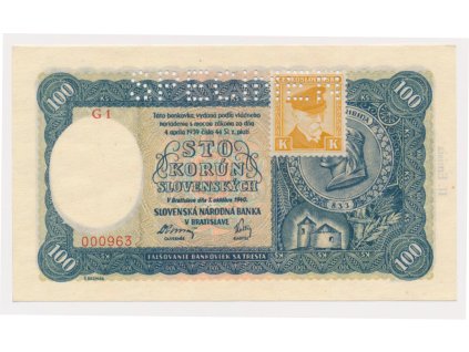 ČSR, 100  Ks, 1940/kolek 1945, série G 1 (!), perforovaná,  luxusní sběratelská jakost UNC