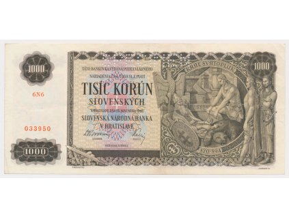 Slovenský štát, 1000 Ks, 1940, série 6 N 6, perforovaná, luxusní sběratelská jakost UNC