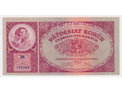 ČSR, 50 Kč, 1929, série Lb, perforovaná, luxusní sběratelská jakost UNC