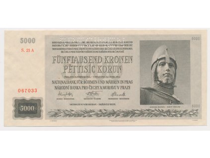 Protektorát, 5000 K, 1944, série 21 A, perforovaná, luxusní sběratelská jakost UNC