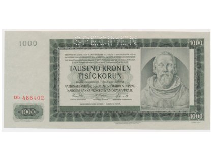 Protektorát, 1000 K, 1942, série Db, perforovaná, luxusní sběratelská jakost UNC