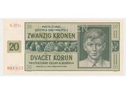 Protektorát, 20 K, 1944, série 27 G, perforovaná, luxusní sběratelská jakost UNC