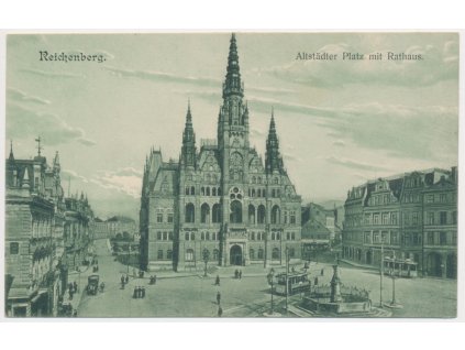 32 - Liberec (Reichenberg), pohled na náměstí s radnicí, cca 1909