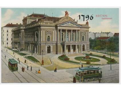 04 - Brno, oživená partie před divadlem, tramvaje..., cca 1910