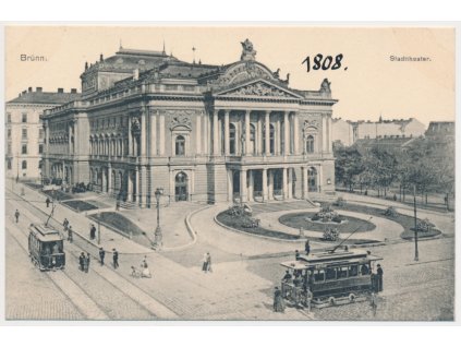 04 - Brno, Stadttheater, Divadlo, lidé, tramvaje..., cca 1912