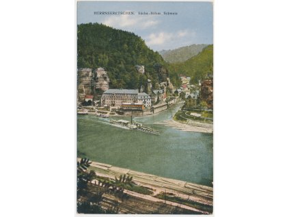 14 - Děčínsko, Hřensko (Herrnskretschen), pohled na obec, lodě na Labi, cca 1911