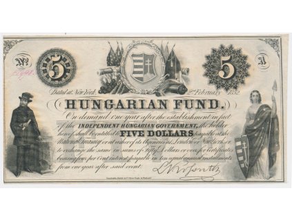 Maďarsko, Košutova emise, 5 Fund, 1852 (!!), luxusní stav UNC
