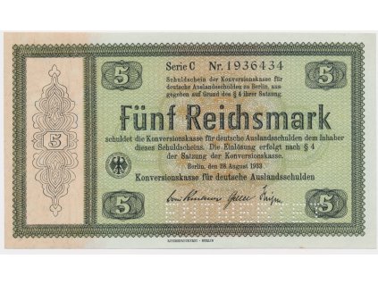 Německo, 5 RM, 1933, Konversionskassenschein, perforace ENTWERTET, stav UNC