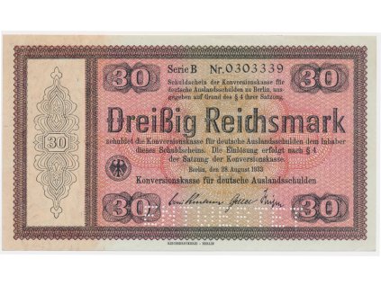 Německo, 30 RM, 1933, Konversionskassenschein, perforace ENTWERTET, krásný stav 0++