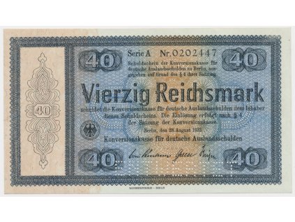 Německo, 40 RM, 1933, Konversionskassenschein, perforace ENTWERTET, krásný stav 0++