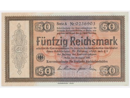 Německo, 50 RM, 1933, Konversionskassenschein, perforace ENTWERTET, krásný stav 0++
