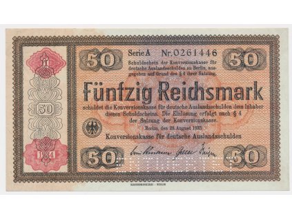 Německo, 50 RM, 1933, Konversionskassenschein, perforace ENTWERTET, krásný stav 0++