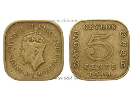 Cejlon, mince 5 Cent, 1944...viz autentické foto