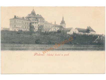 44 - Pardubicko, Přelouč (škola, kostel a park), cca 1900