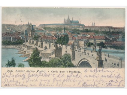 49 - Praha, Pohled na Karlův most a Hradčany, prošlá poštou 1905