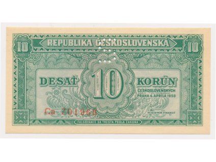 ČSR, 10 Kčs, 1950, série Ca, perforace S, stav UNC