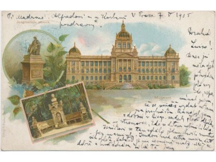 49 - Praha, 3 - záběr dominant (Museum, Hálkův a Jungmanův pomník), cca 1903