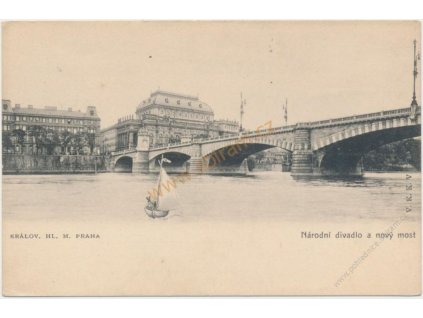49 - Praha, pohled na Národní divadlo a nový most, cca 1899