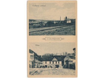 27 - Kladensko, Zvoleňoves, 2 - záběr dominant(celk. pohled, oživená ulice), cca 1925