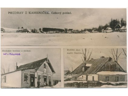 10 - Chrudimsko, Kameničky, 3 - záběr dominant(Hejdukův hostinec a obchod...), cca 1916