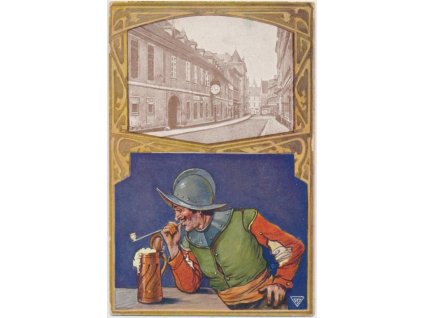 49 - Praha, pivovar " U Fleků", 2 - záběrová pohlednice, cca 1912