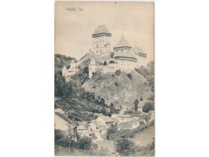 02 - Berounsko, Karlův Týn, podhradí a pohled na hrad Karlštejn, cca 1910