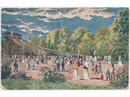 49 - Praha, oživená partie u skluzavky z Jubilejní výstavy 1908...