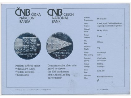 ČR, certifikát k Ag minci 200,-Kč, 1994, Vylodění spojenců v Normandii