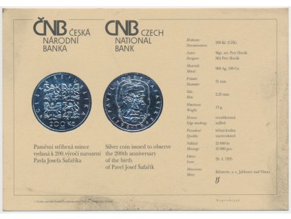 ČR, certifikát k Ag minci 200,-Kč, 1995, 200.výročí narození P.J.Šafaříka
