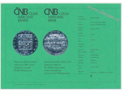 ČR, certifikát k Ag minci 200,-Kč, 1995, Česká filharmonie