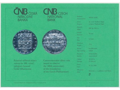 ČR, certifikát k Ag minci 200,-Kč, 1995, Česká filharmonie