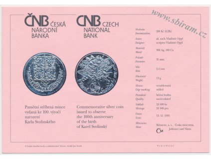 ČR, certifikát k Ag minci 200,-Kč, 1995, Karel Svolinský