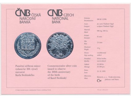 ČR, certifikát k Ag minci 200,-Kč, 1995, Karel Svolinský