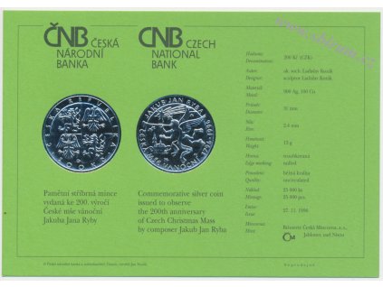 ČR, certifikát k Ag minci 200,-Kč, 1996, Jakub Jan Ryba
