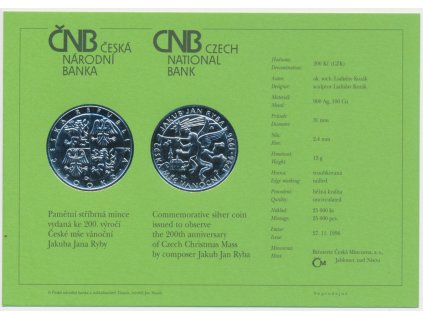 ČR, certifikát k Ag minci 200,-Kč, 1996, Jakub Jan Ryba
