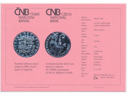 ČR, certifikát k Ag minci 200,-Kč, 1997, 1000. výročí úmrtí sv. Vojtěcha