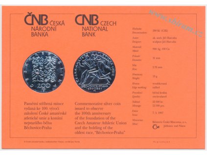 ČR, certifikát k Ag minci 200,-Kč, 1997, Česká amatérská atletická unie