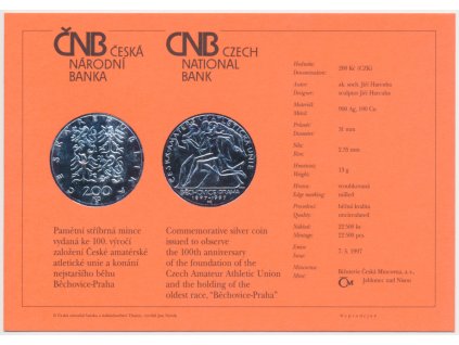 ČR, certifikát k Ag minci 200,-Kč, 1997, Česká amatérská atletická unie