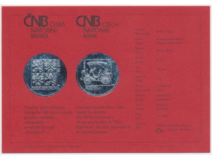 ČR, certifikát k Ag minci 200,-Kč, 1997,První osobní automobil "Präsident"