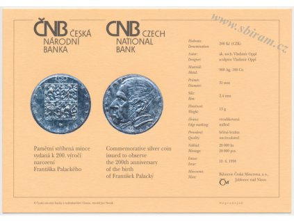 ČR, certifikát k Ag minci 200,-Kč, 1998, František Palacký