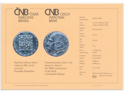 ČR, certifikát k Ag minci 200,-Kč, 1998, František Palacký