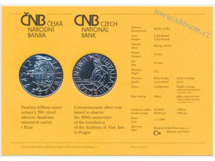 ČR, certifikát k Ag minci 200,-Kč, 1999, Akademie výtvarných umění...