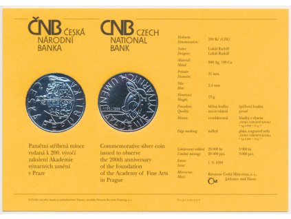 ČR, certifikát k Ag minci 200,-Kč, 1999, Akademie výtvarných umění...