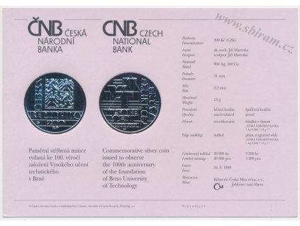 ČR, certifikát k Ag minci 200,-Kč, 1999, Vysoké učení technické v Brně